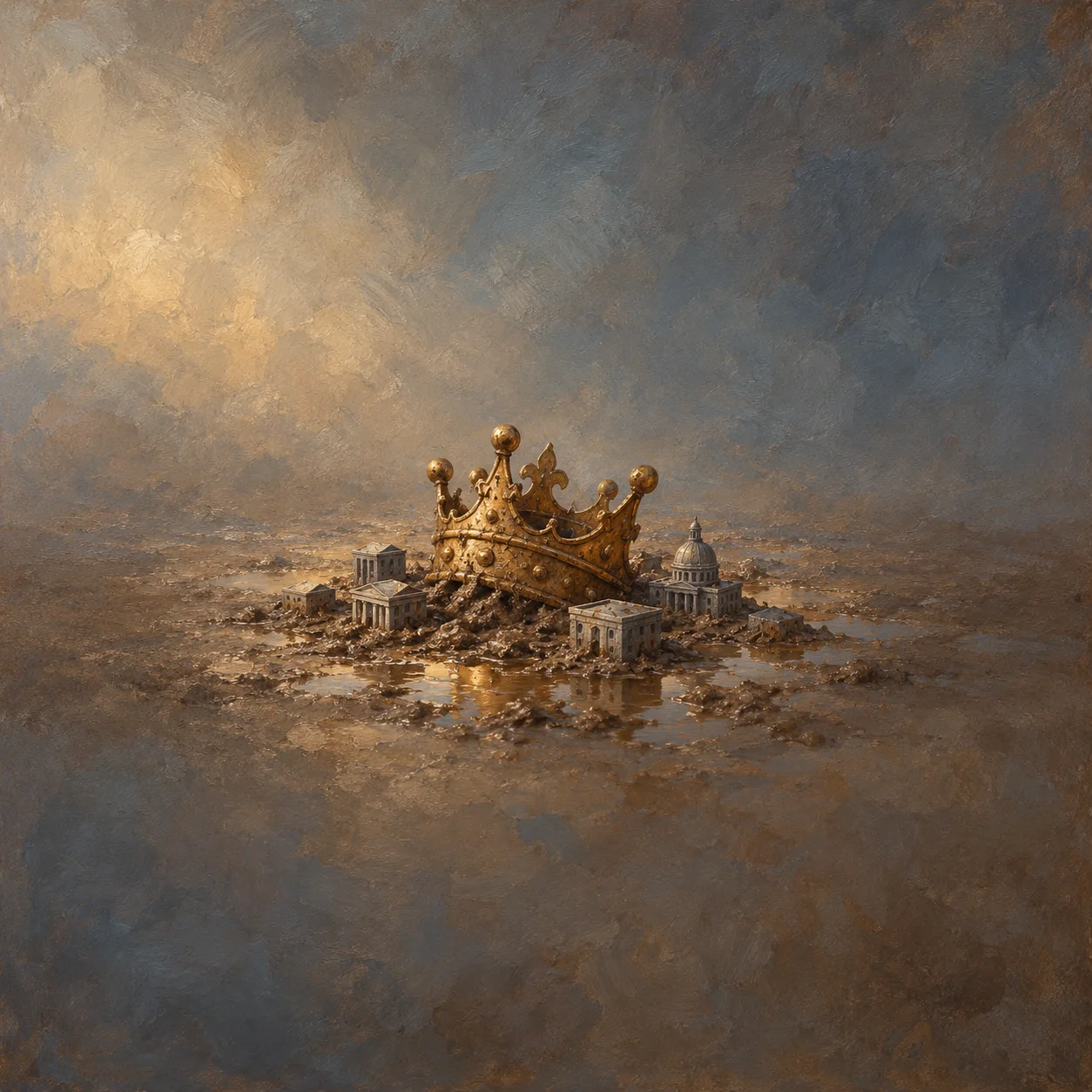 A brass crown partly buried in wet brown mud amid miniature civic buildings and reflective puddles, with warm light against muted slate-blue.