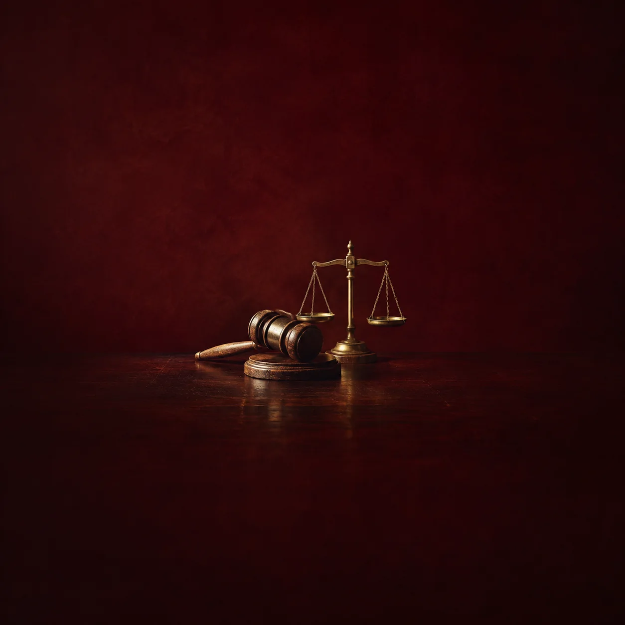 Painterly wooden gavel beside small brass balance scales on a dark mahogany surface.