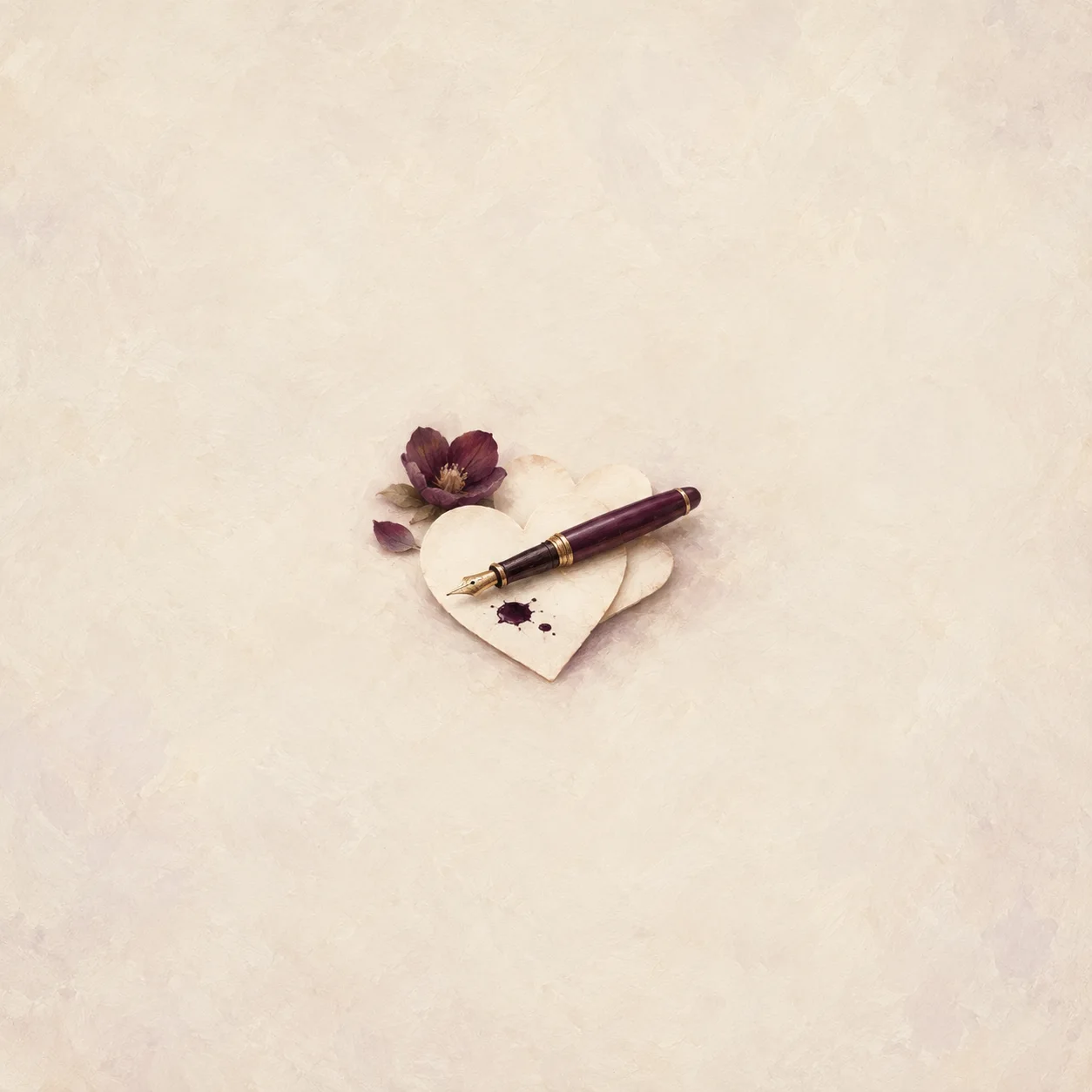 Plum fountain pen across blank cream paper hearts with a small ink stain, plus small plum flowers