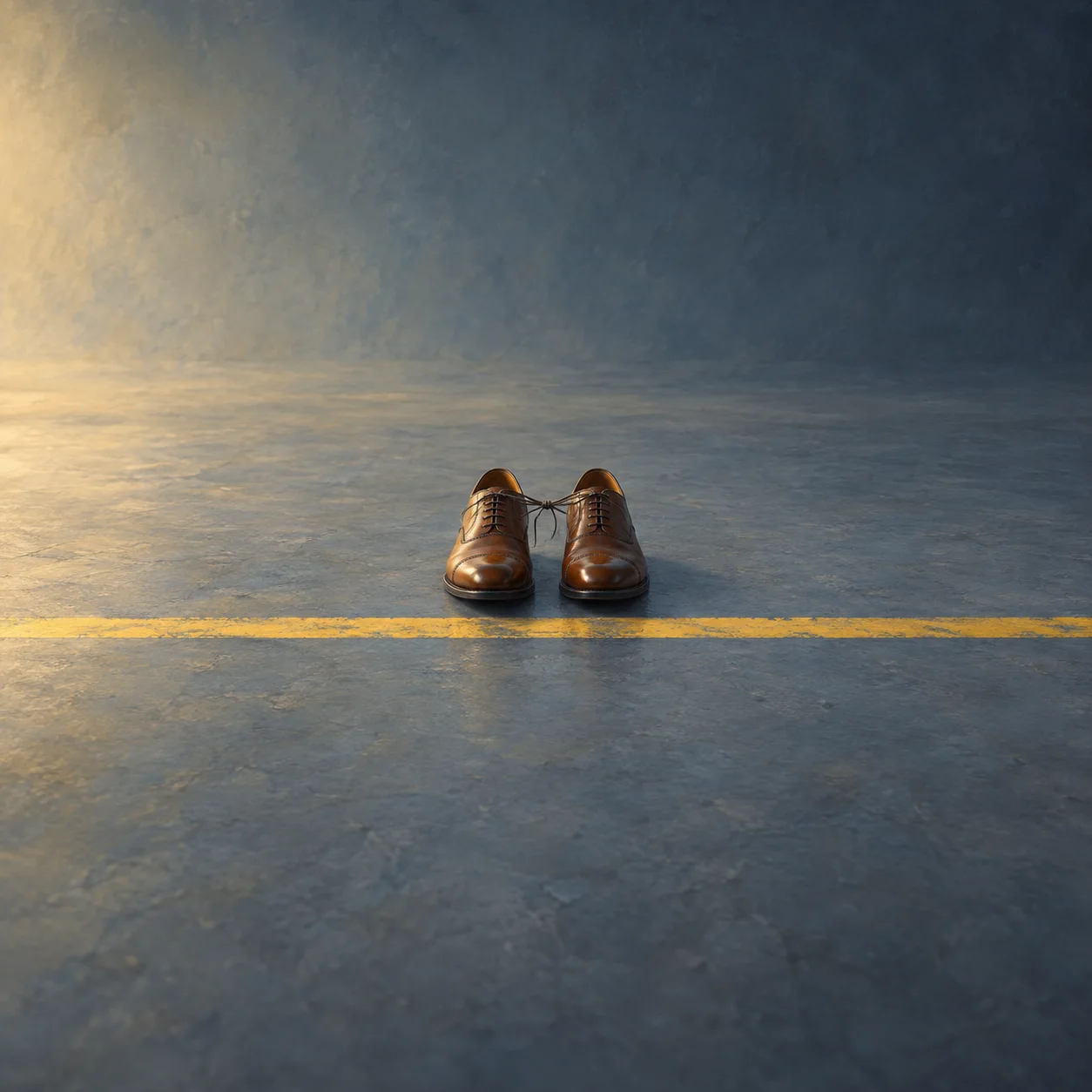 Brown lace-up shoes tied together just behind a yellow line on a blue-grey floor.