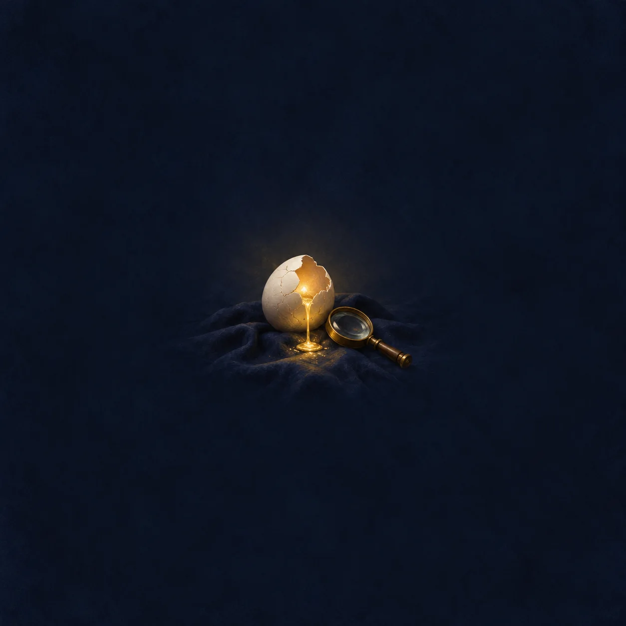 A cracked white eggshell releases a thin stream of golden light onto dark blue fabric beside a small magnifying glass.