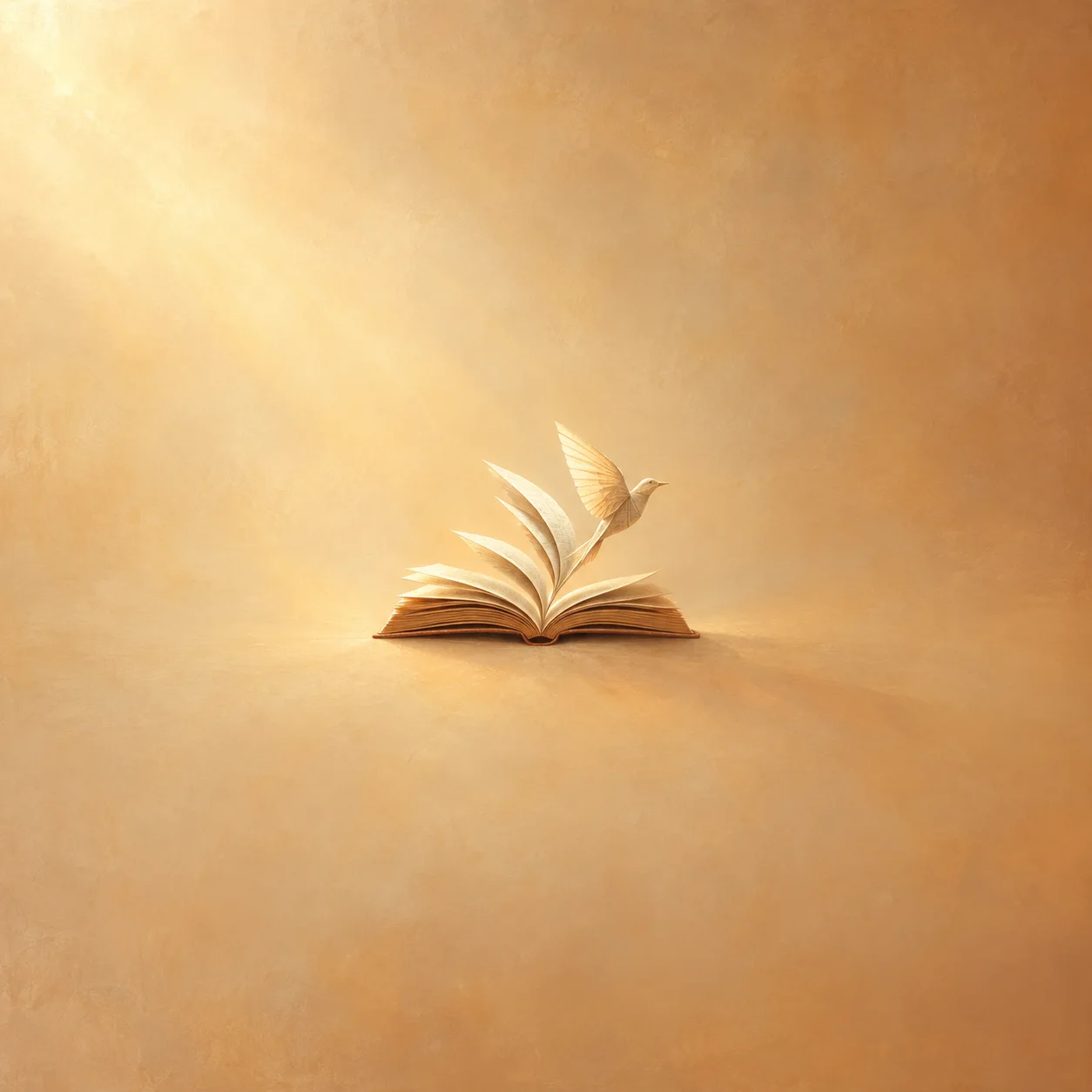 An open book has fanned pages rising into a small paper bird against a warm golden background.