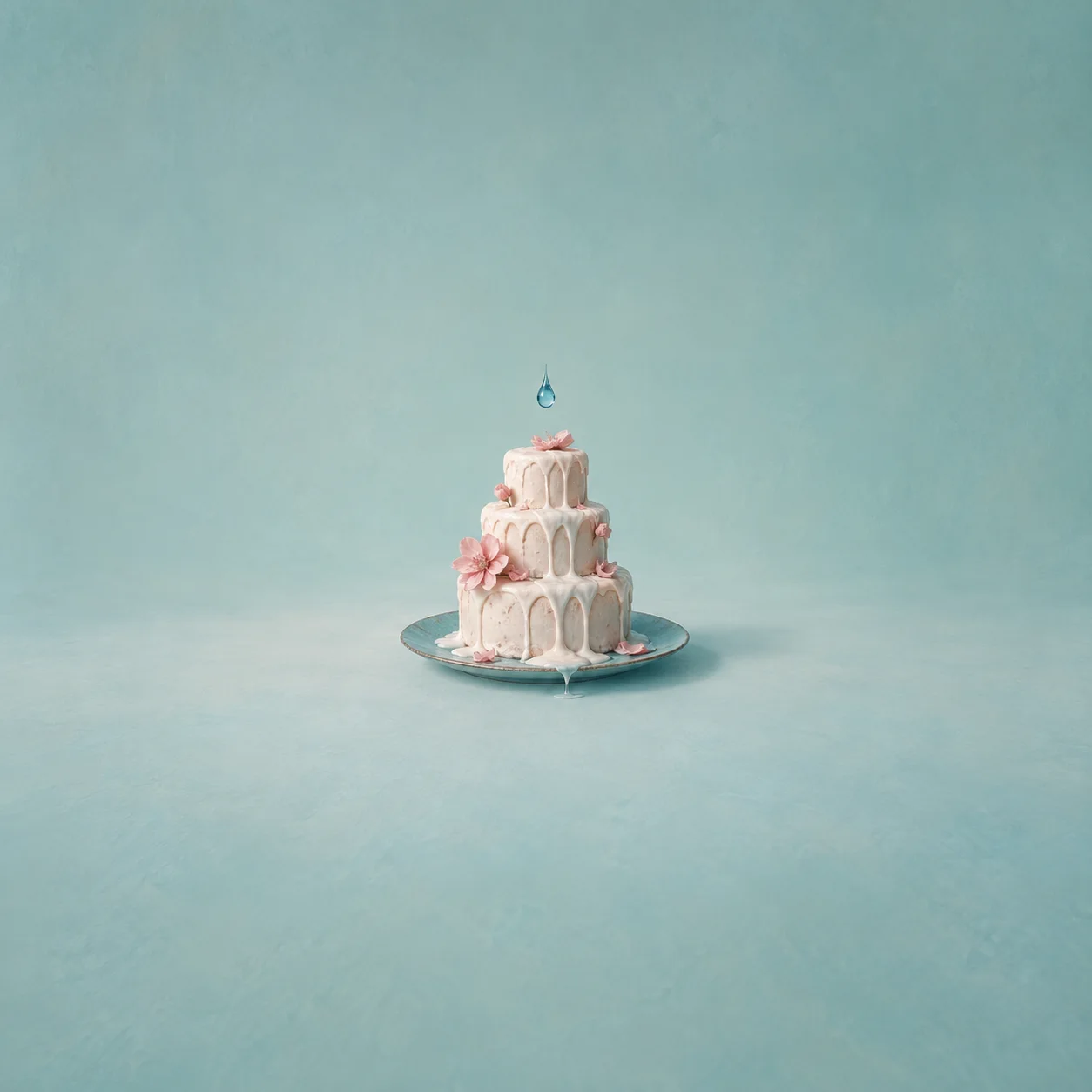 A small three-tier cake with dripping white icing on a teal plate beneath a suspended raindrop.