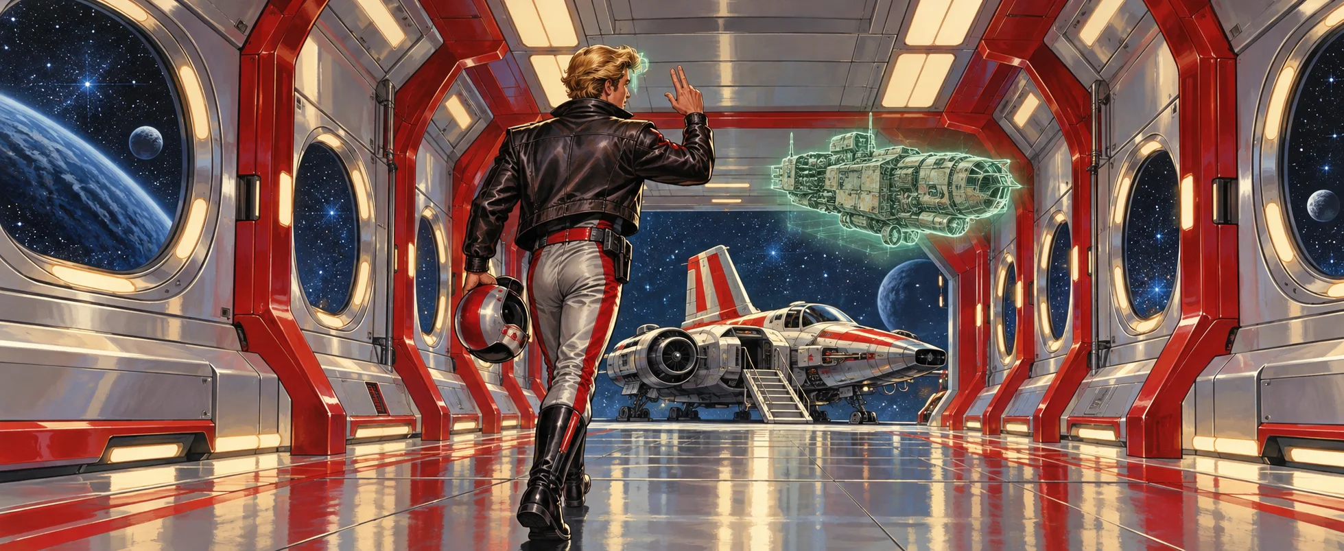 A dashing blond pilot in a leather jacket gives a jaunty wave as he strides down a red-and-silver starship corridor toward his fighter.