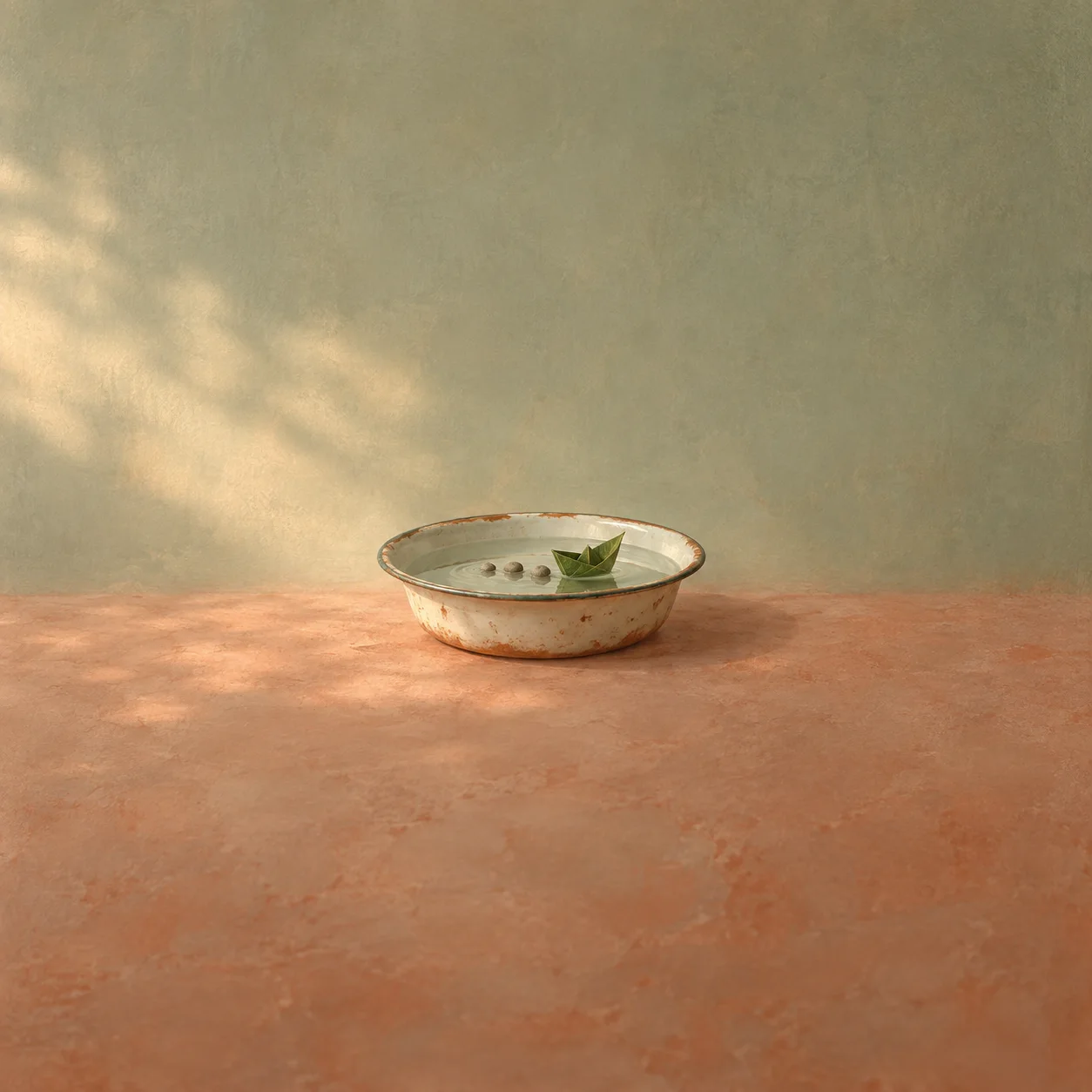 A folded green leaf boat and three small pebbles in a shallow enamel basin on a terracotta surface.