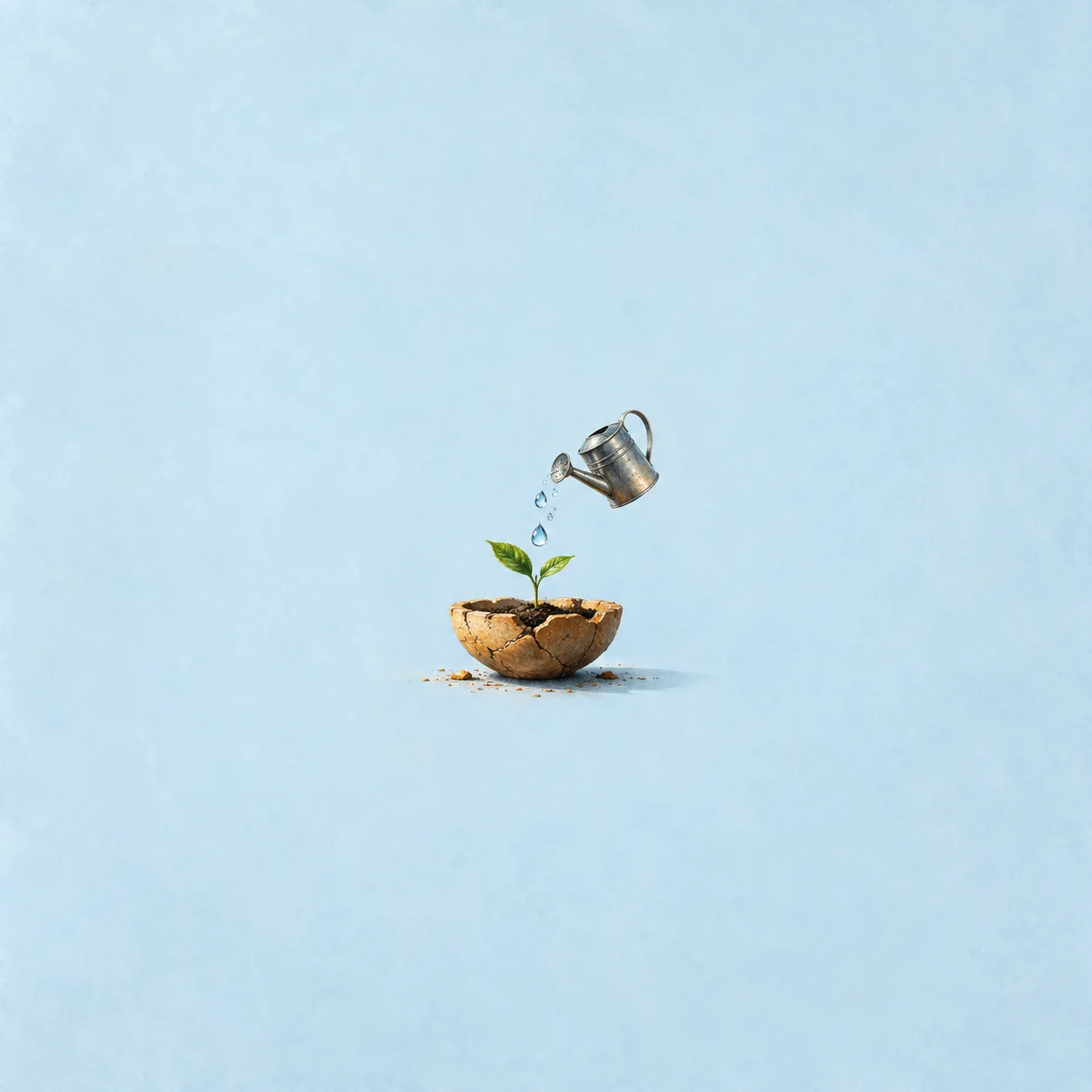 A green sprout in a cracked clay bowl beneath a small watering can pouring clear drops against a pale blue background.