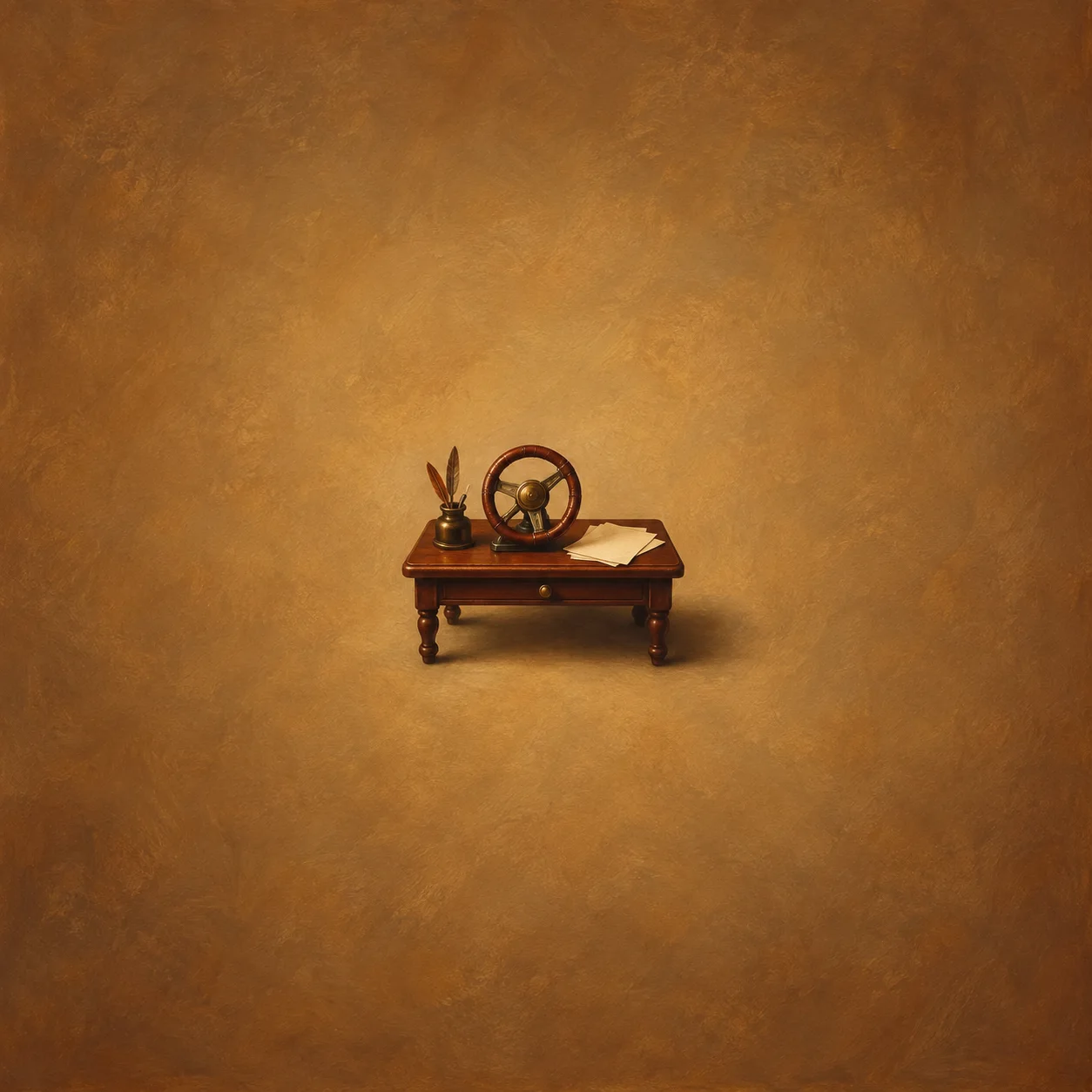 Miniature leather steering wheel on low desk with blank papers and a small quill pot