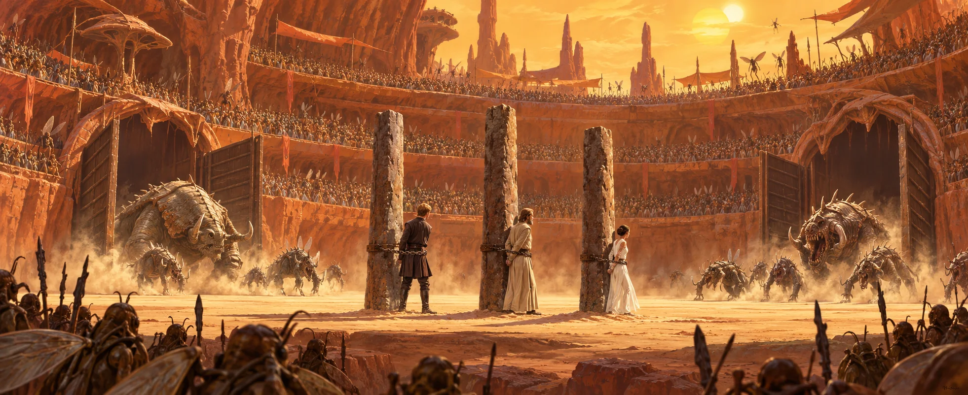Three prisoners chained to stone pillars in a vast rust-red arena watch huge beasts emerge as insect-like crowds look on.