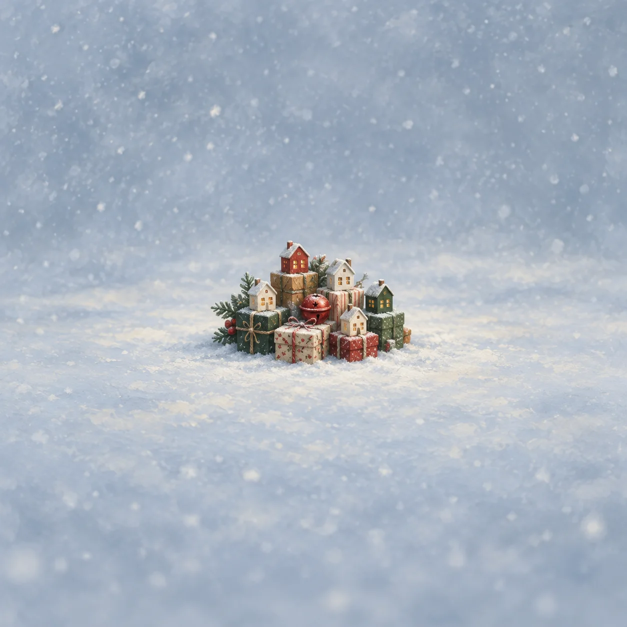 A cluster of wrapped gift boxes and miniature houses surrounding a red bell in a snowy landscape.