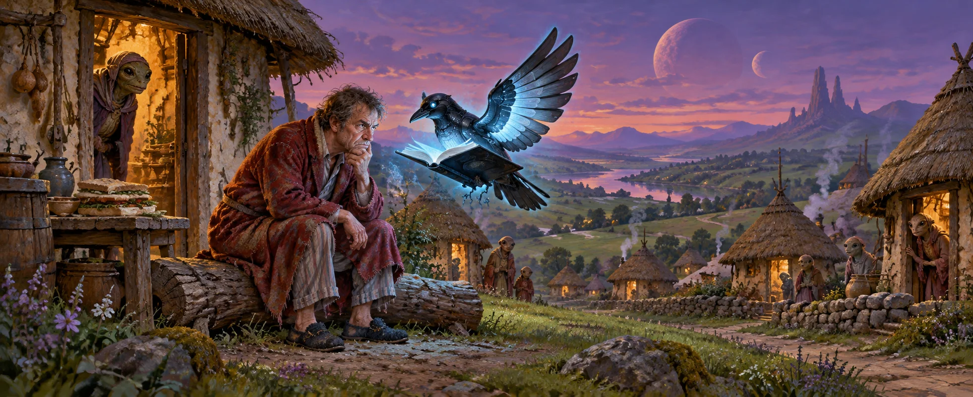 A man in a battered dressing gown sits on a log by a thatched village, frowning at a sleek black bird-shaped device glowing in the air before him.