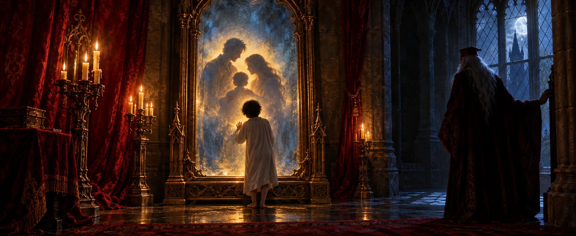 A small boy in a nightshirt stands before a tall gilded mirror showing a glowing family, an old wizard watching from the shadows.