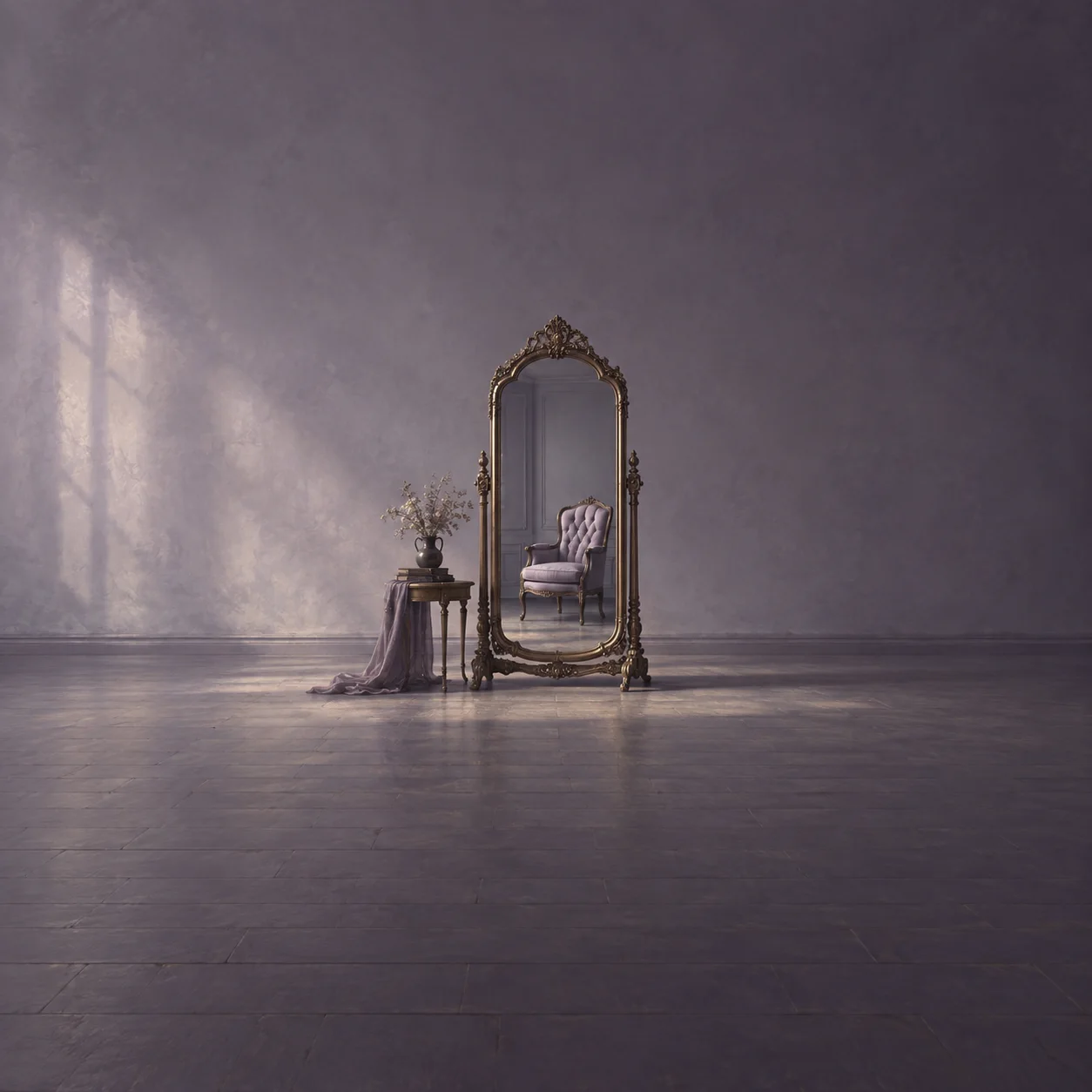 An ornate standing mirror reflects an empty upholstered chair in a quiet violet-gray room.