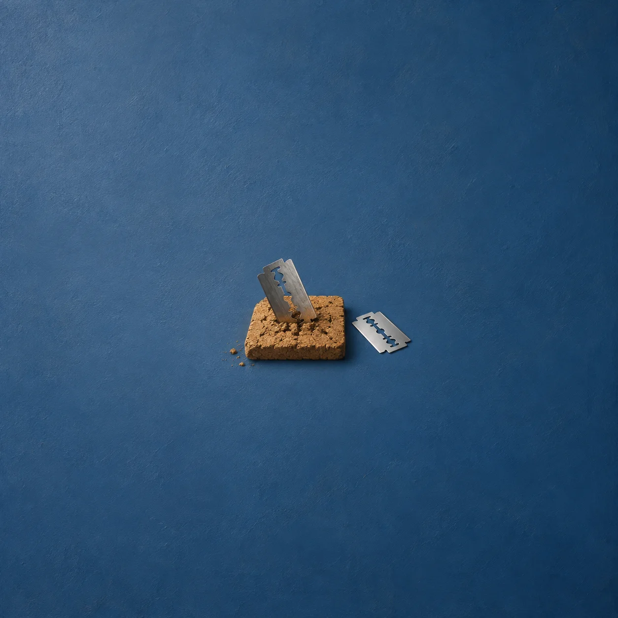 Two razor blades, one standing in a cork block and one lying beside it, rest against blue.