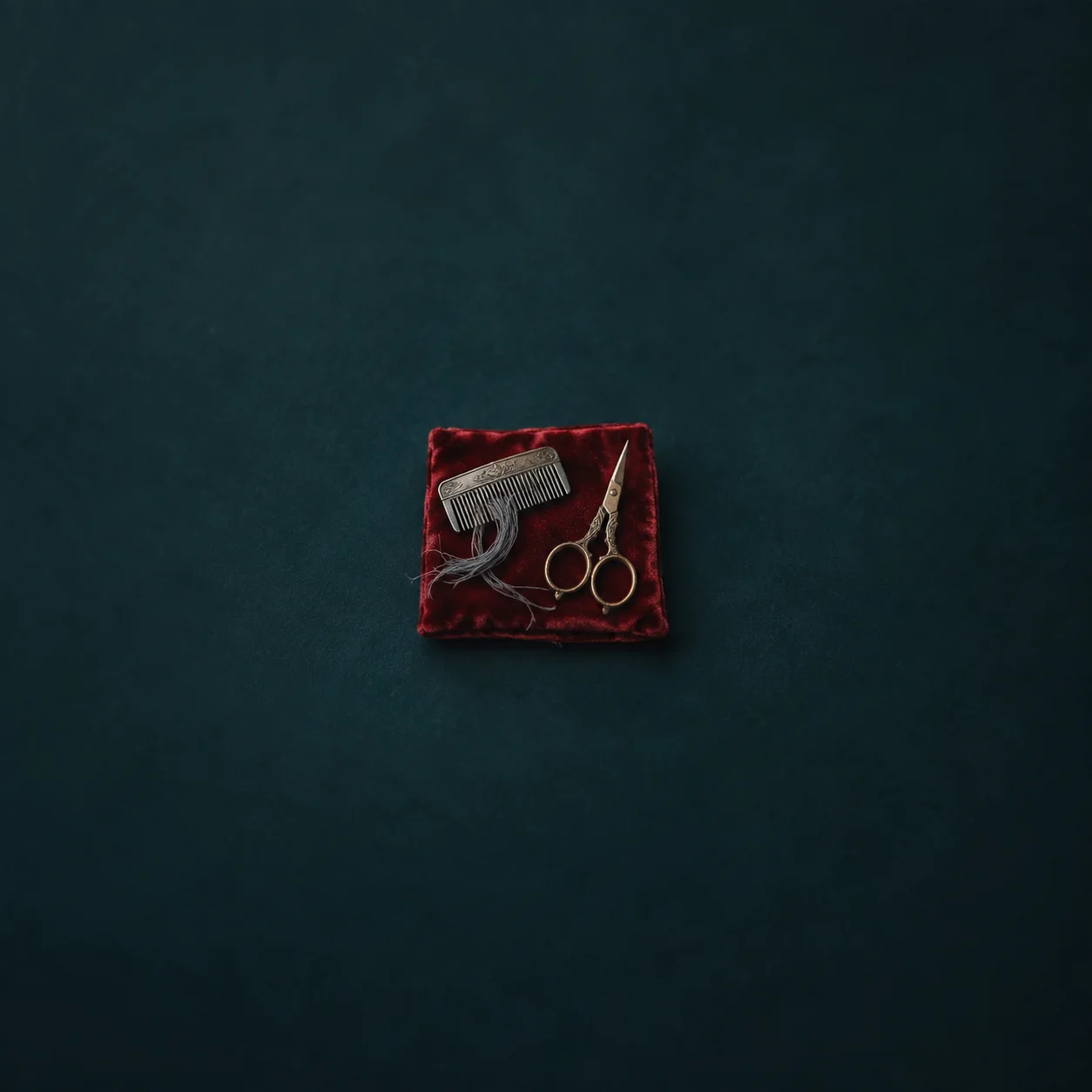 A silver comb with grey threads beside scissors on crimson velvet.