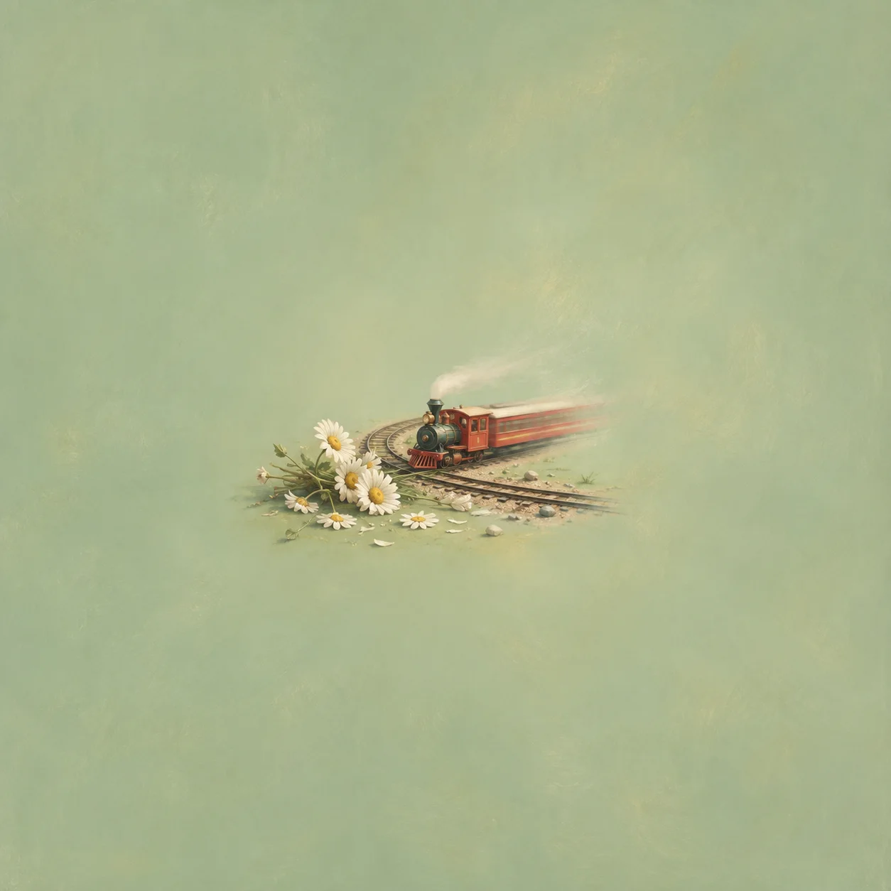 A small red steam train rounds a curved track beside scattered white daisies against a pale green background.