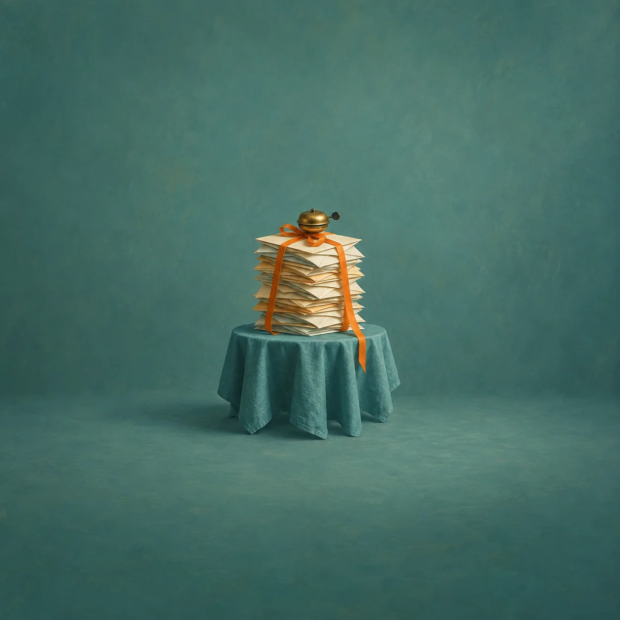 A tall stack of sealed envelopes with orange ribbon and a small brass bell on top, on a teal cloth.