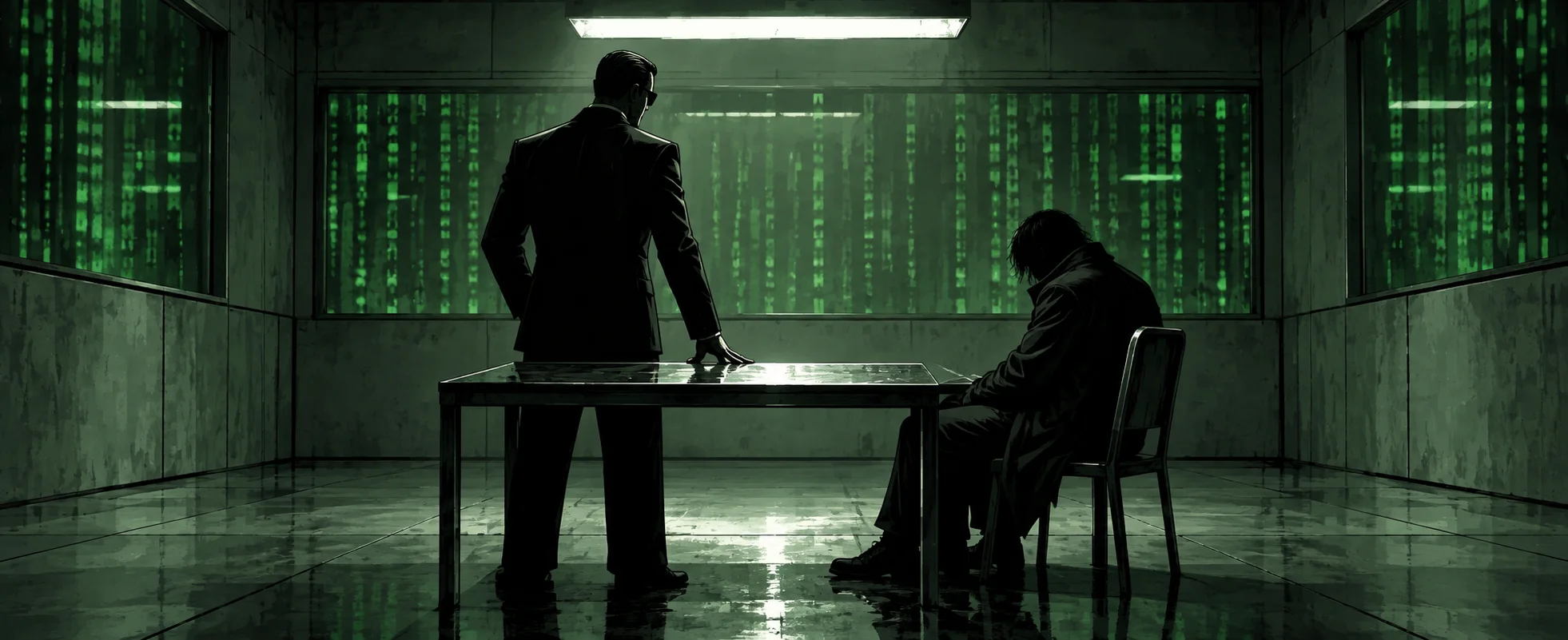 An agent in a dark suit stands over a man strapped to a chair at a metal table in a cold room, green code streaming on the walls.