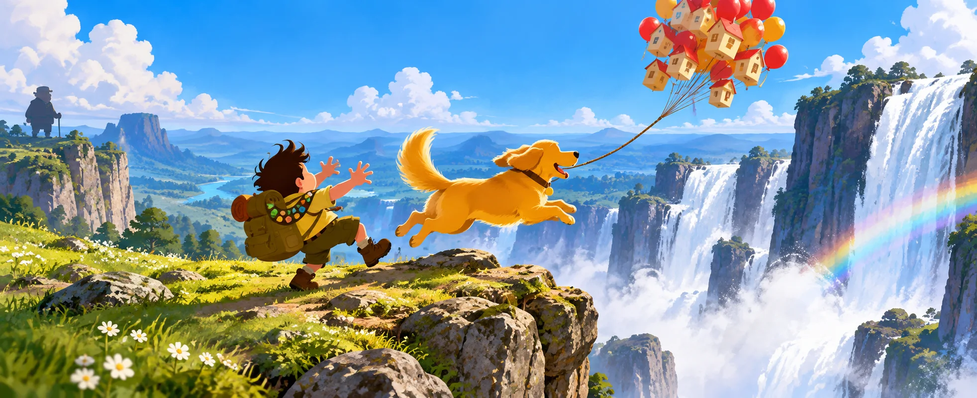 A golden retriever leaps joyfully toward a scout boy on a clifftop beside huge waterfalls, balloons drifting overhead.