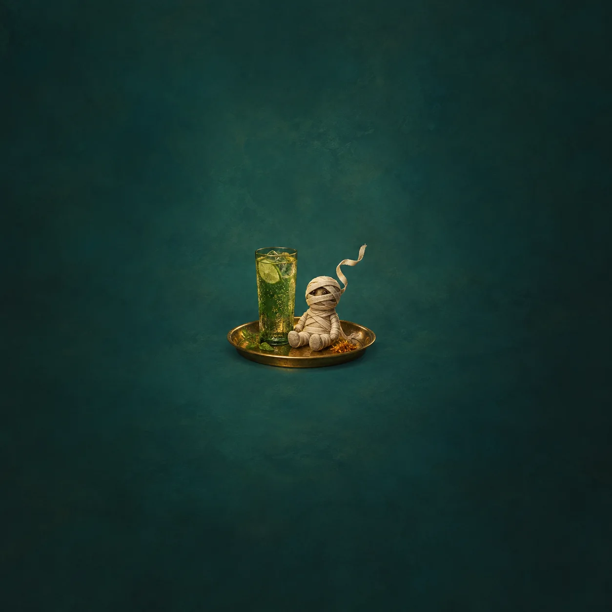 A tall glass of green drink with citrus slices and a small bandage-wrapped mummy figure sit on a brass tray.