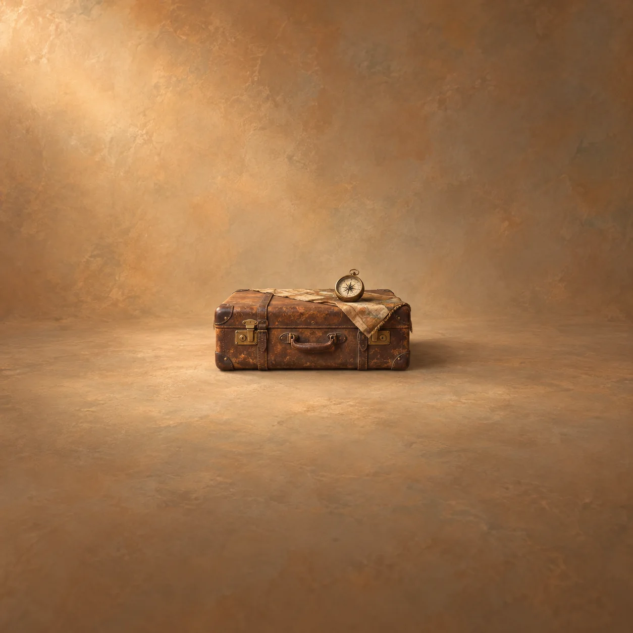 A brass compass rests on folded cloth atop a worn brown suitcase in warm light.