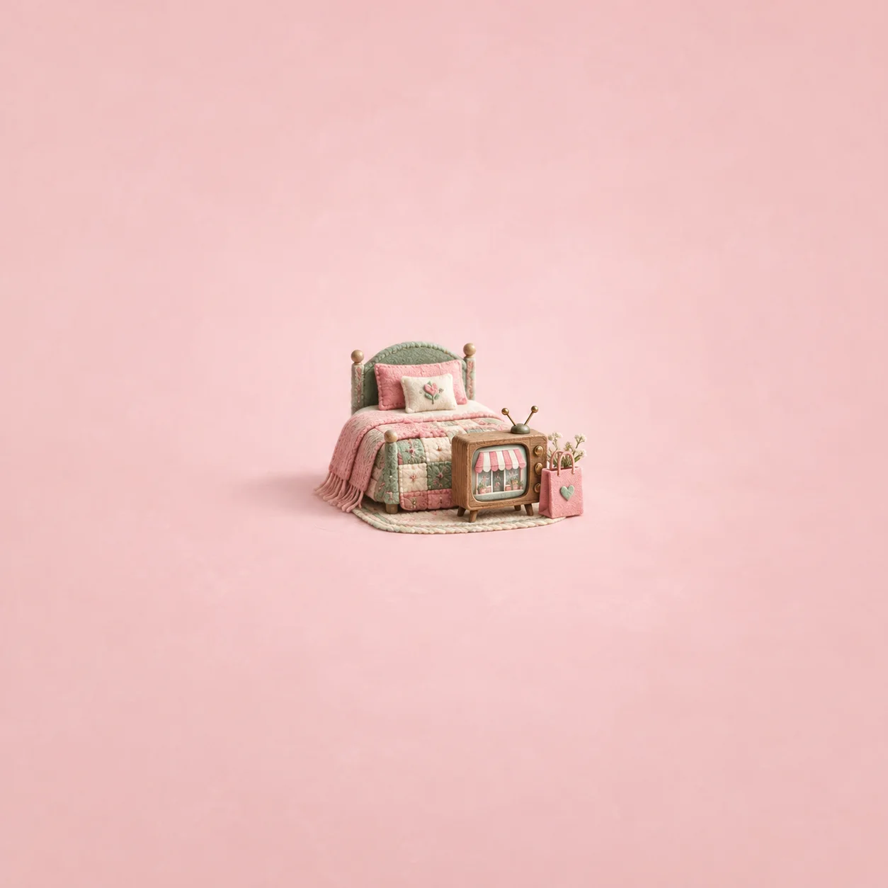 A miniature bed with a patchwork quilt, a television at its foot and a pink shopping bag beside it.
