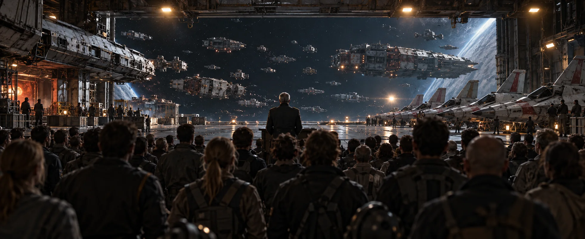 A crowd of survivors gathers in a vast battleship hangar, a lone officer facing them, ragged ships and fighters visible through the open bay.