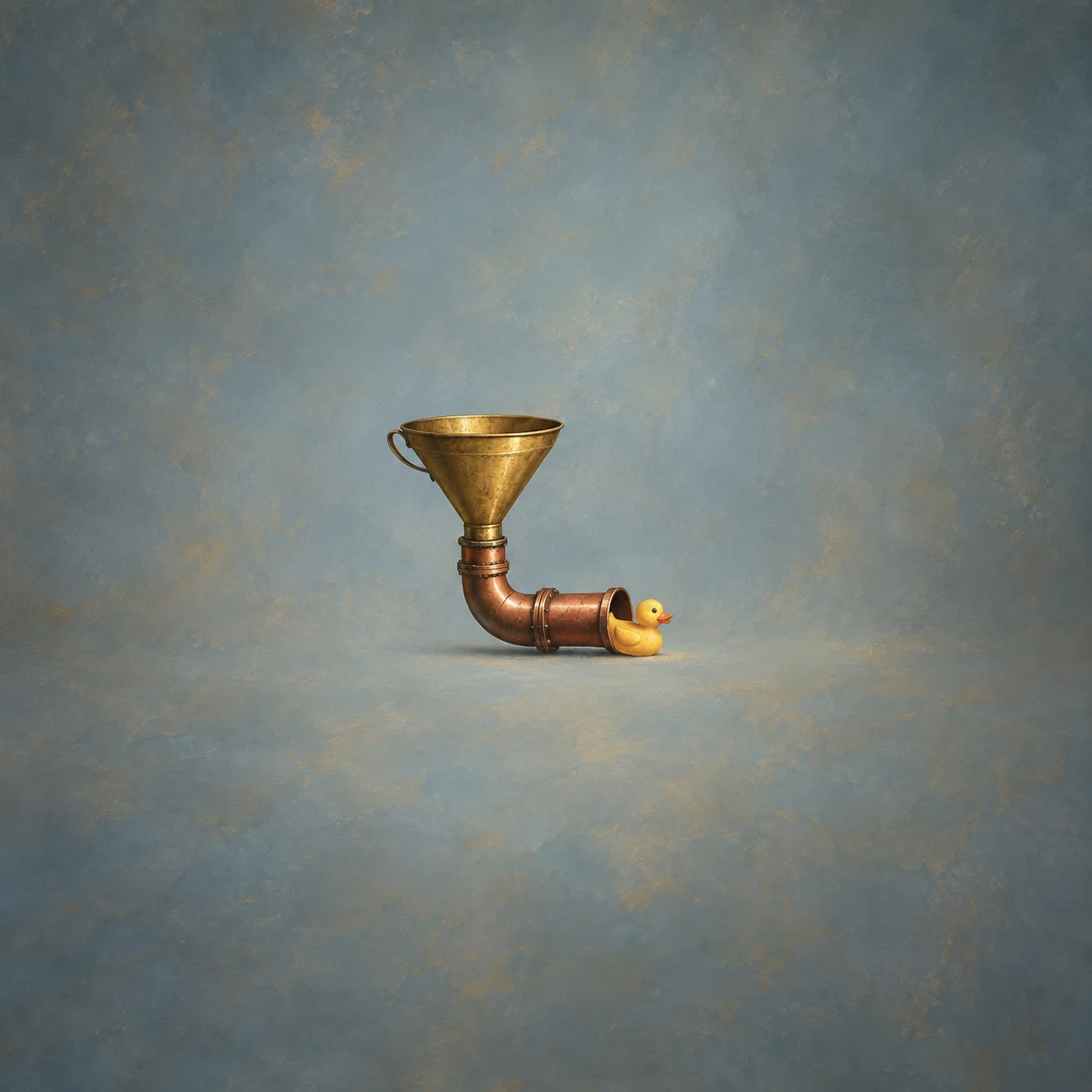 A brass funnel connects to a curved copper pipe with a yellow rubber duck at its outlet.