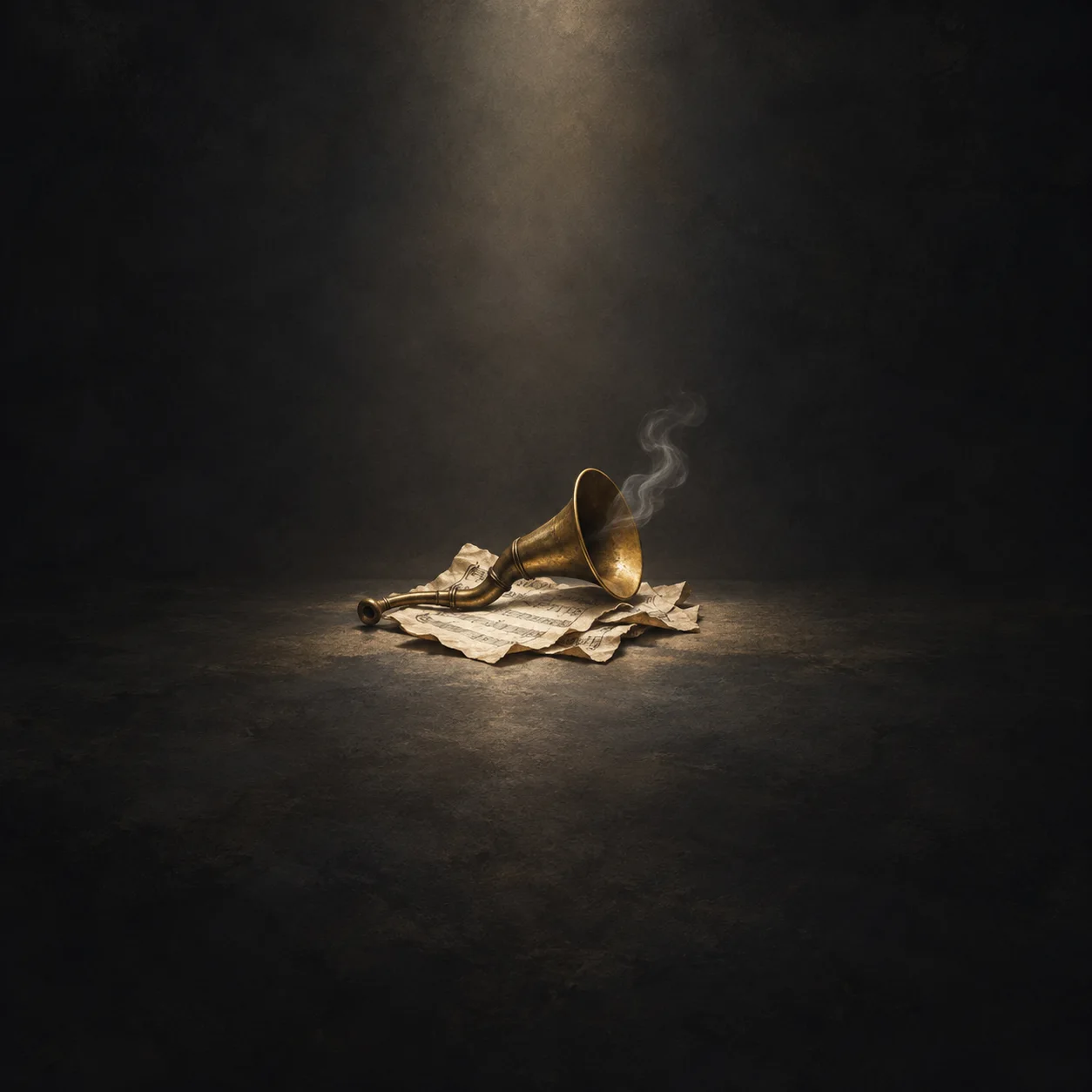 Painterly brass ear trumpet releasing a wisp of smoke on crumpled sheet music.