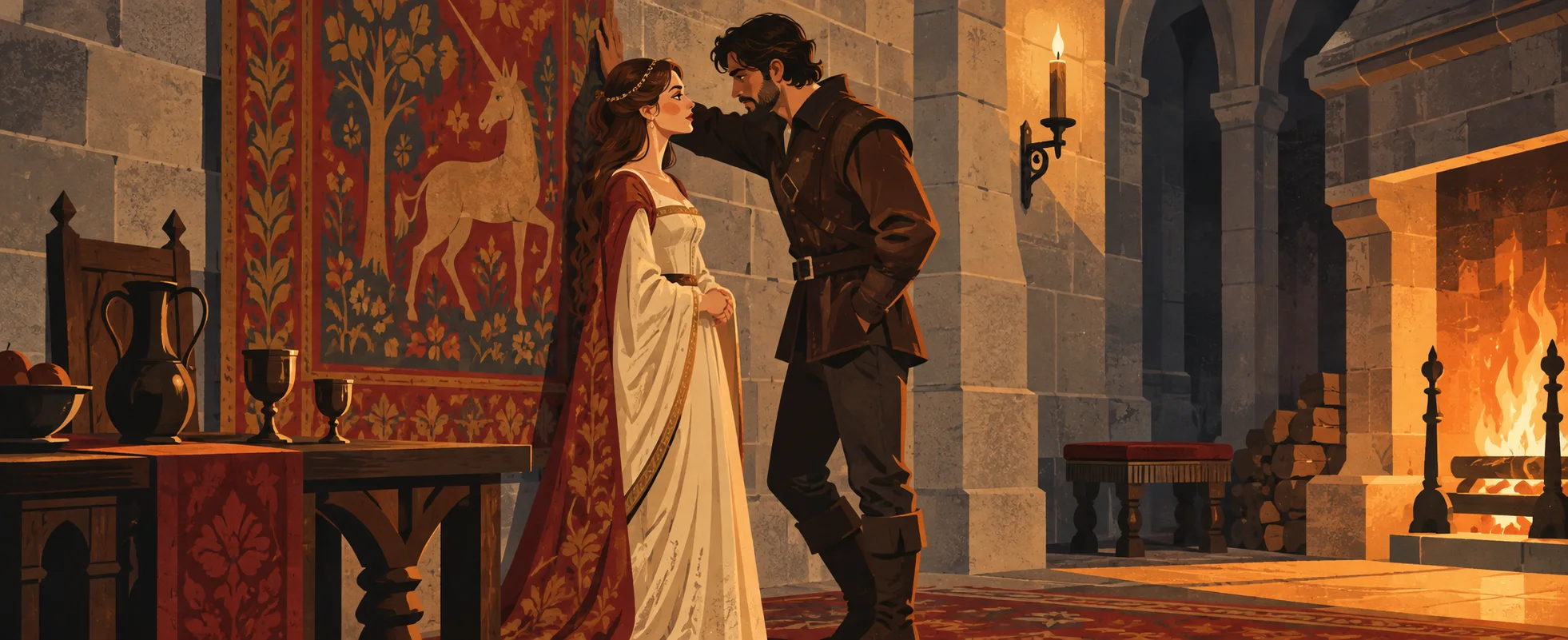 A man in a leather jacket leans in close to a woman in a medieval gown beside a tapestry and a roaring fire in a castle hall.