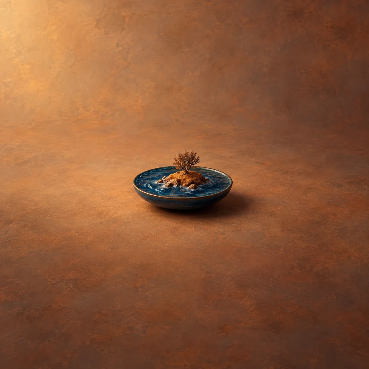 A miniature dry island with a brown shrub surrounded by blue waves in a shallow dish on an ochre surface.
