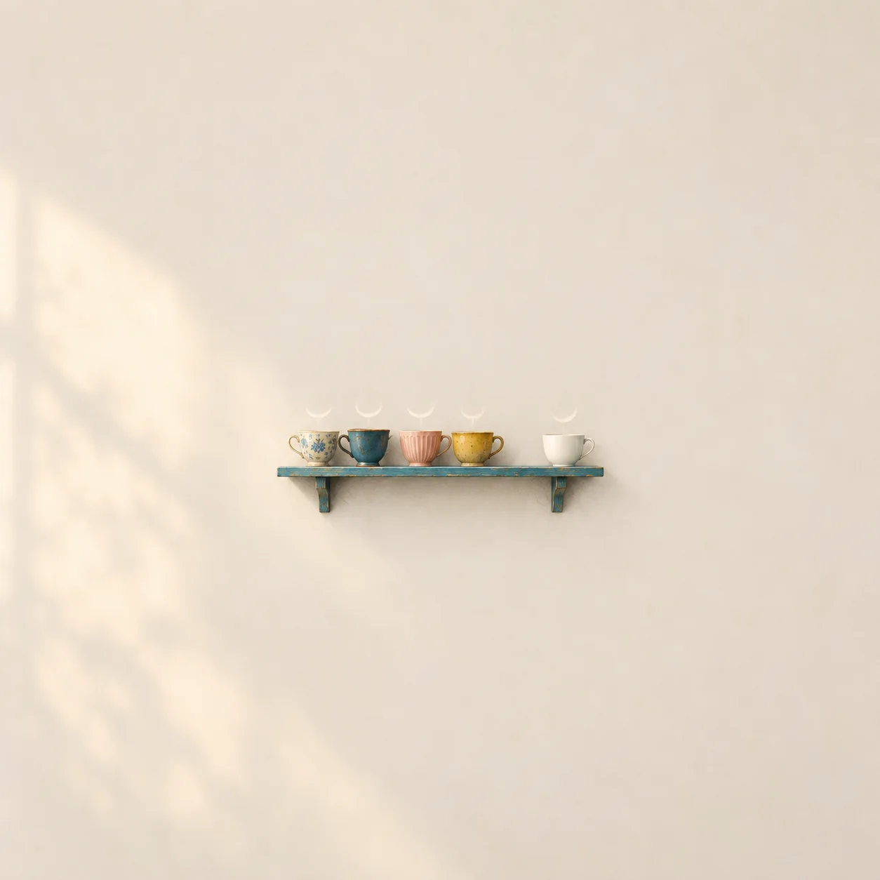 Five mismatched cups sit on a narrow teal shelf, with pale curls of steam rising against cream.