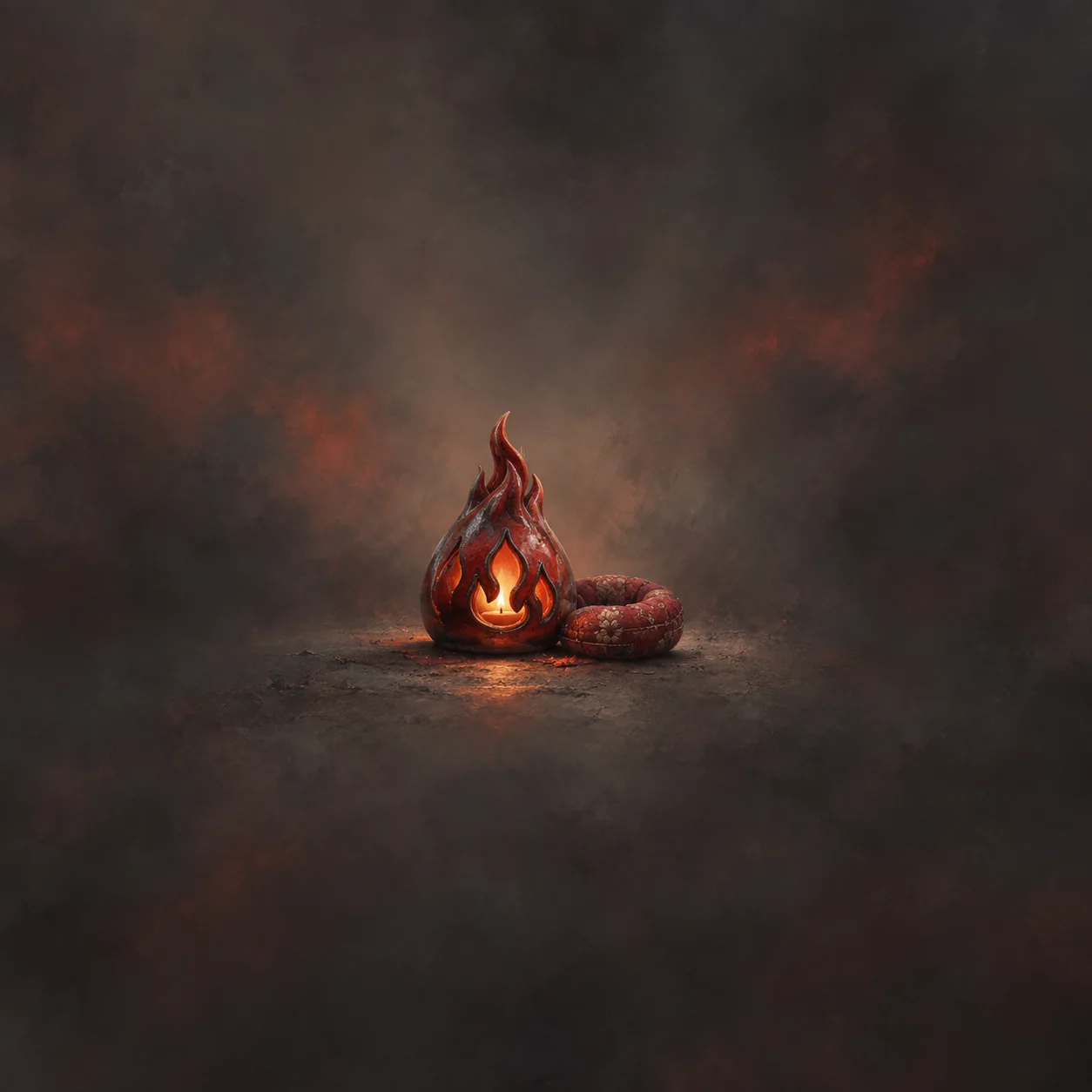 A red flame-shaped ceramic lantern glows beside a small red cushion on a dark surface.